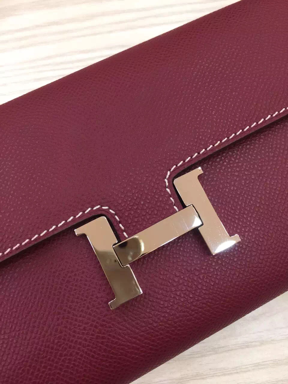 Hand Stitching Hermes Constance Wallet Burgundy Epsom Leather Clutch Handbag
