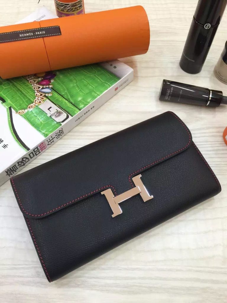 Hermes Black Epsom Leather Constance Wallet Long Purse  21CM
