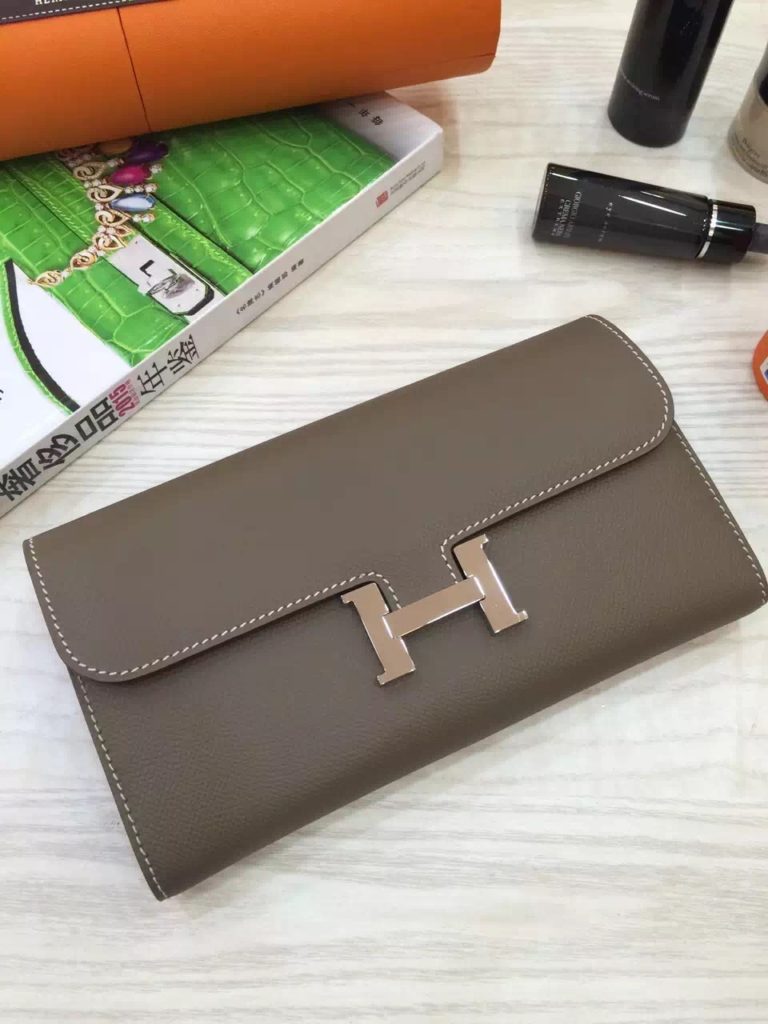 Hand Stitching Hermes Constance Wallet Etoupe Grey Epsom Leather Clutch Bag  21CM