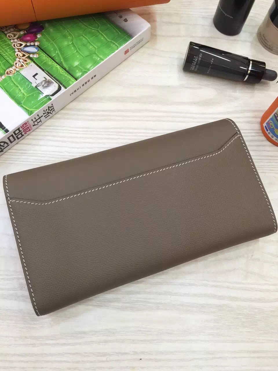 Hand Stitching Hermes Constance Wallet Etoupe Grey Epsom Leather Clutch Bag 21CM