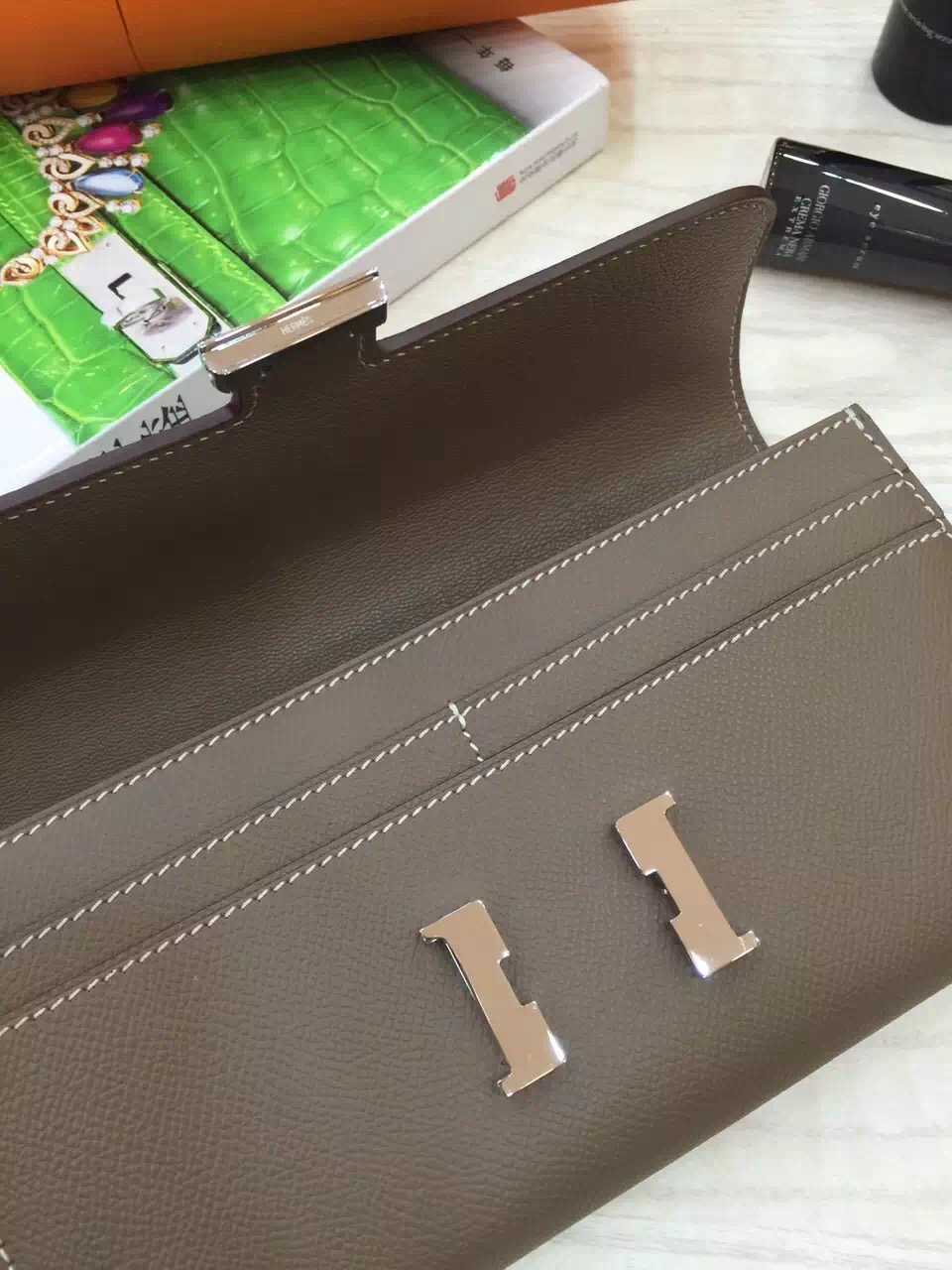 Hand Stitching Hermes Constance Wallet Etoupe Grey Epsom Leather Clutch Bag 21CM