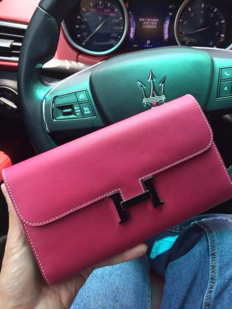 Customized Hermes Pink Swift Leather Constance Wallet Womens Clutch Bag