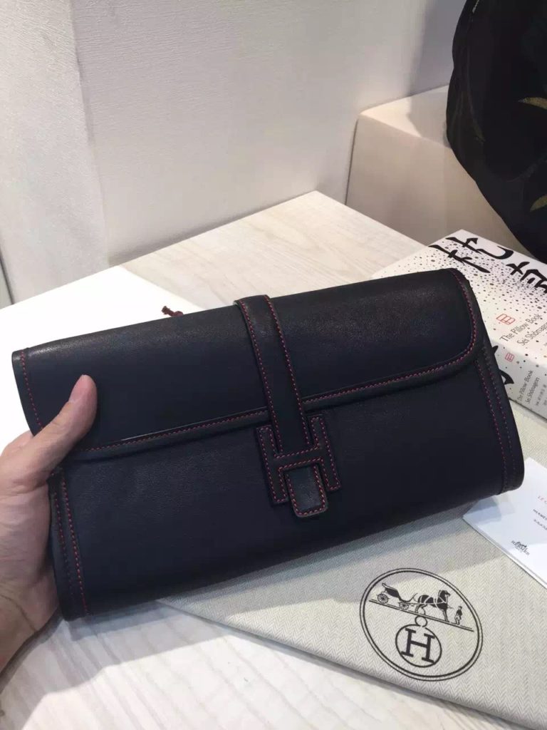 Hermes 89 Black Original Swift Leather Jige Elan Wallet Clutch Bag