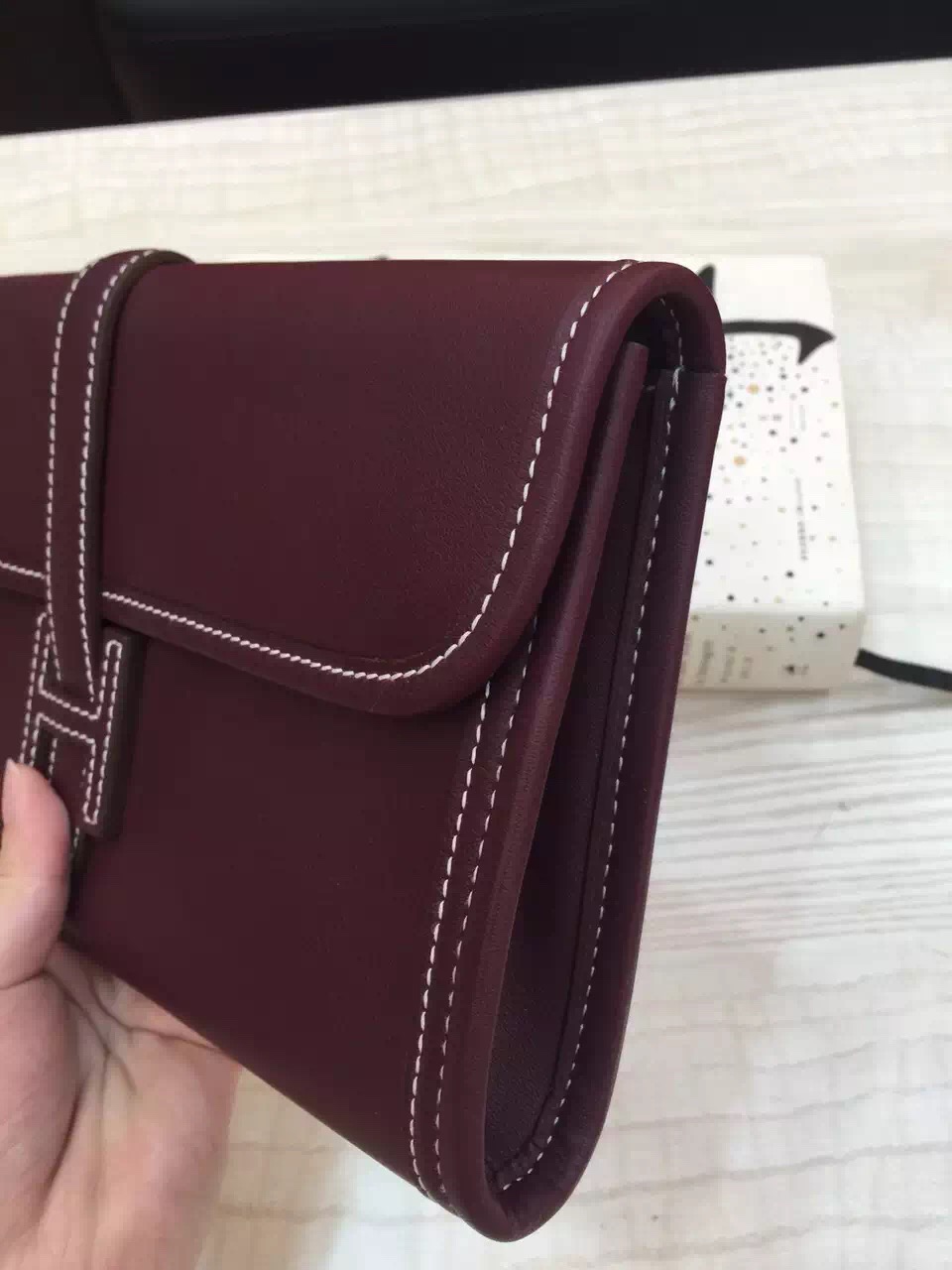 Hand Stitching Hermes 57 Bordeaux Swift Leather Jige Elan Clutch Bag