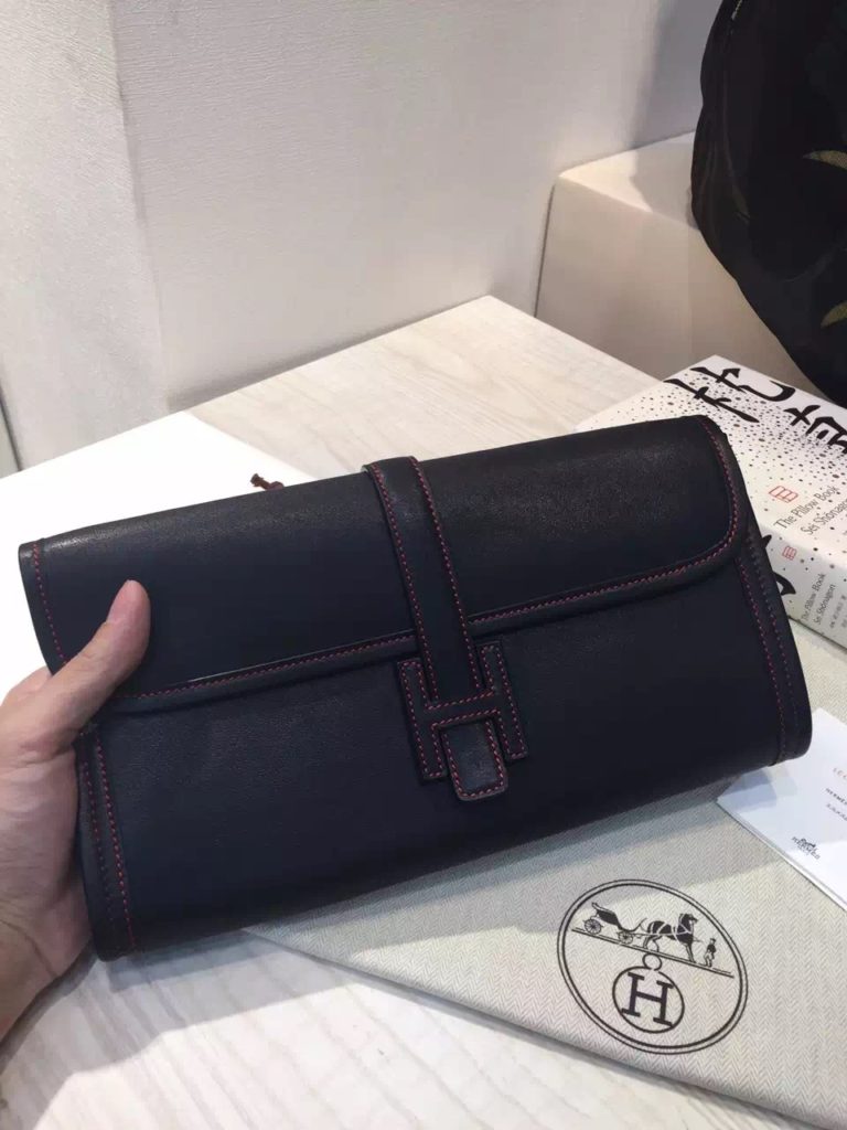 Hand Stitching Hermes Swift Leather Jige Elan Clutch Handbag in Black