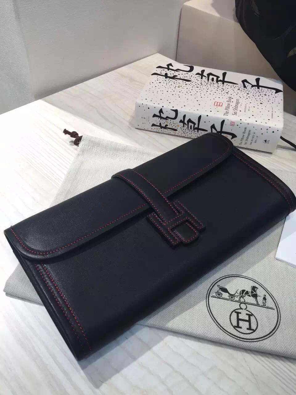 Hand Stitching Hermes Swift Leather Jige Elan Clutch Handbag in Black