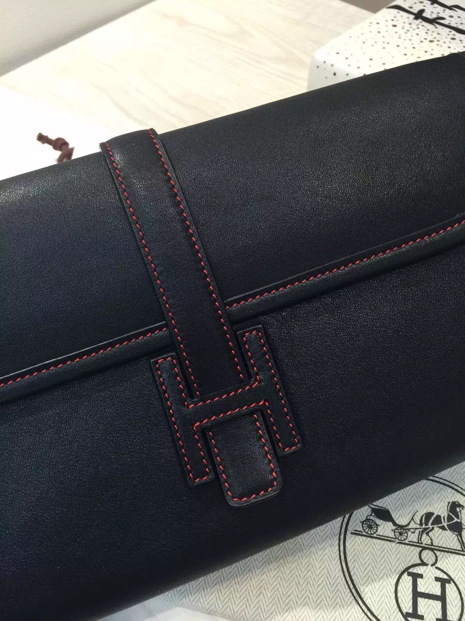 Hand Stitching Hermes Swift Leather Jige Elan Clutch Handbag in Black