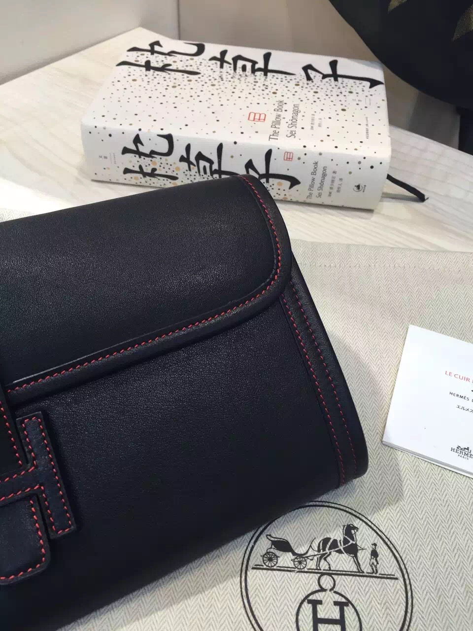 Hand Stitching Hermes Swift Leather Jige Elan Clutch Handbag in Black