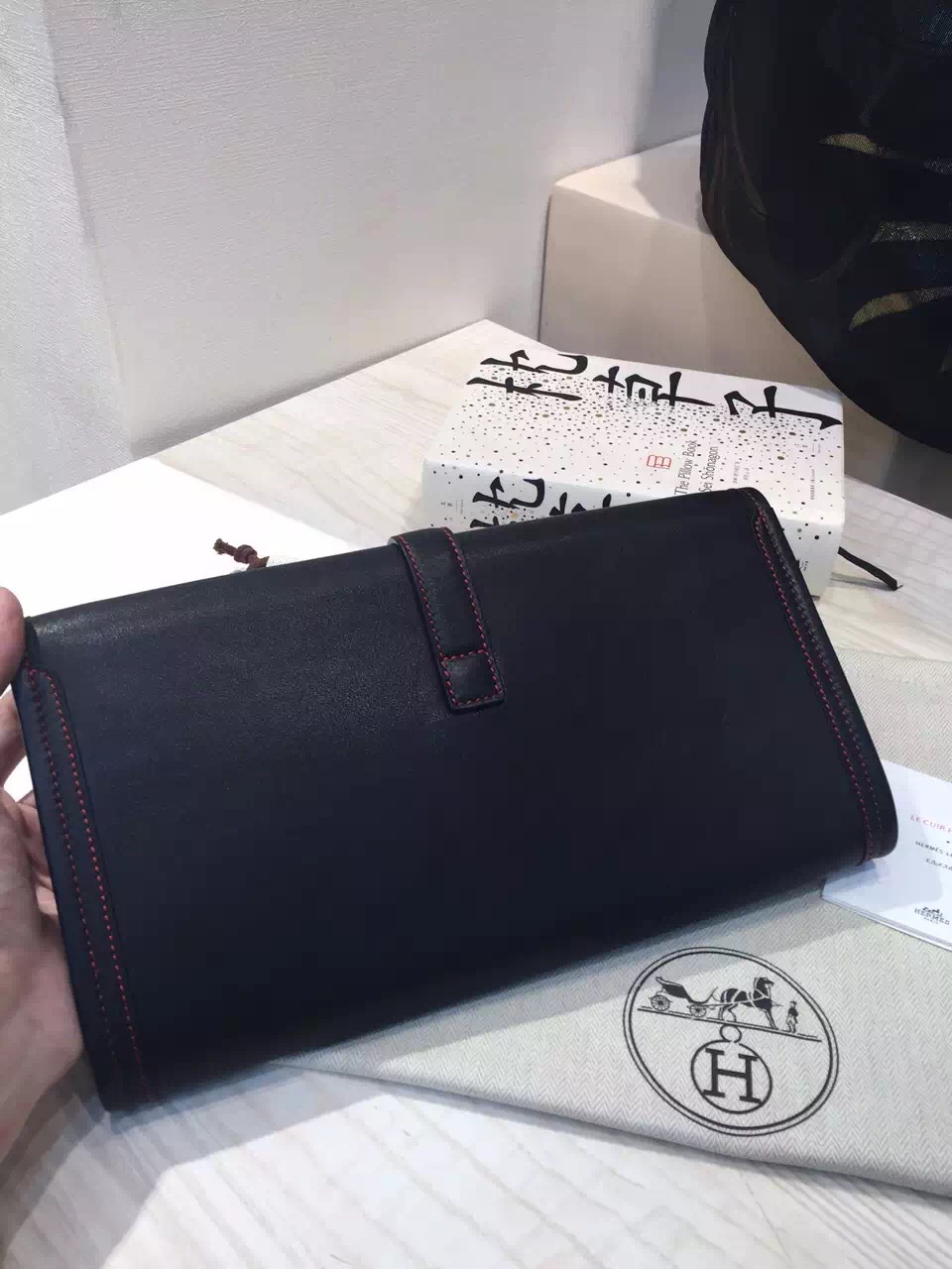 Hand Stitching Hermes Swift Leather Jige Elan Clutch Handbag in Black