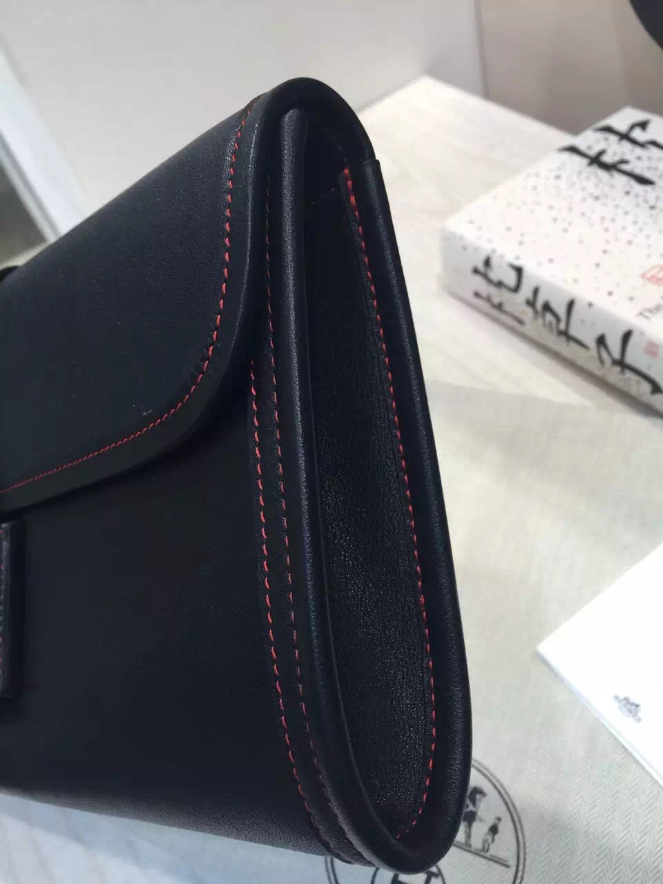 Hand Stitching Hermes Swift Leather Jige Elan Clutch Handbag in Black