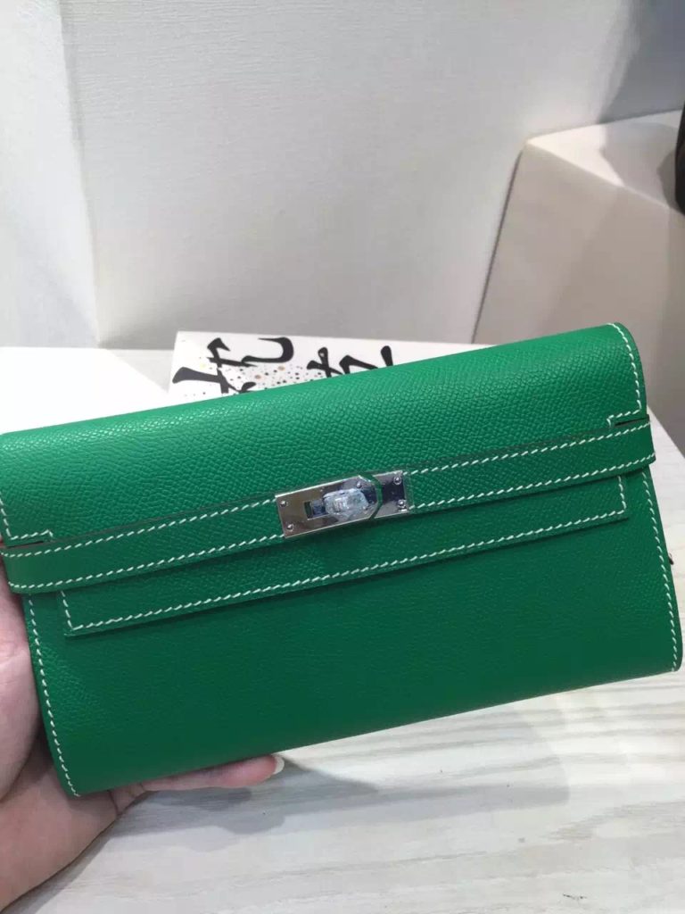 Hermes Epsom Leather Bamboo Green Kelly Wallet Clutch Handbag