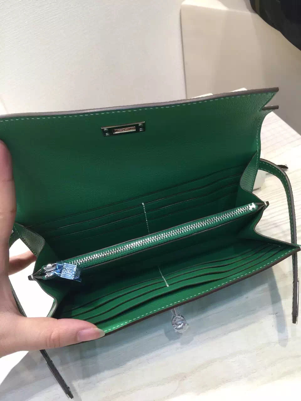 Discount Hermes Epsom Leather Bamboo Green Kelly Wallet Clutch Handbag