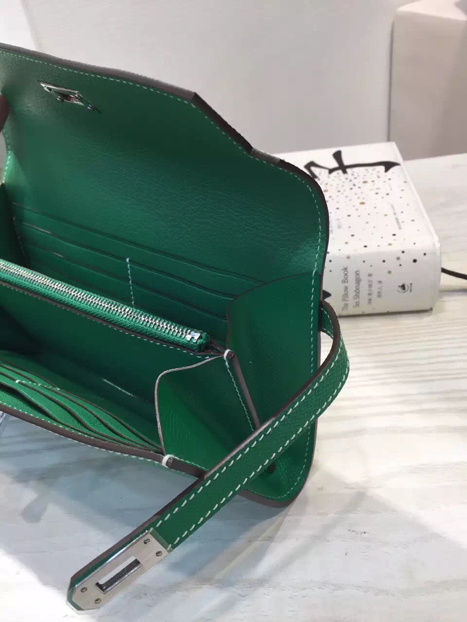 Discount Hermes Epsom Leather Bamboo Green Kelly Wallet Clutch Handbag