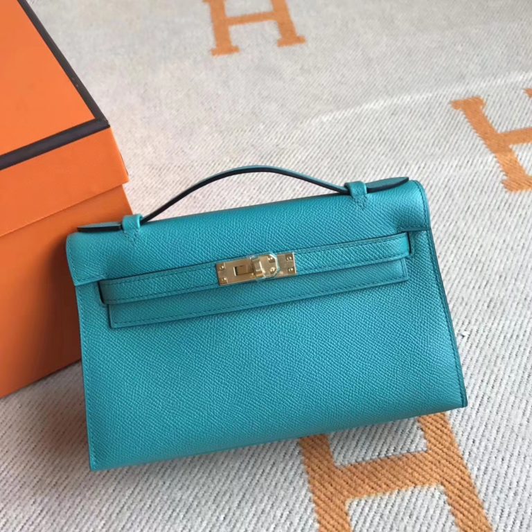 On Hermes Minikelly Clutch Bag in 7F Blue Paon Epsom Calfskin Gold Hardware