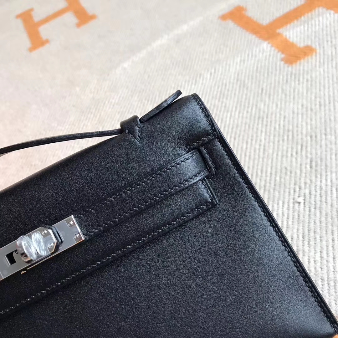 New Hermes CK89 Black Swift Calfskin Minikelly Pochette 22CM Silver Hardware