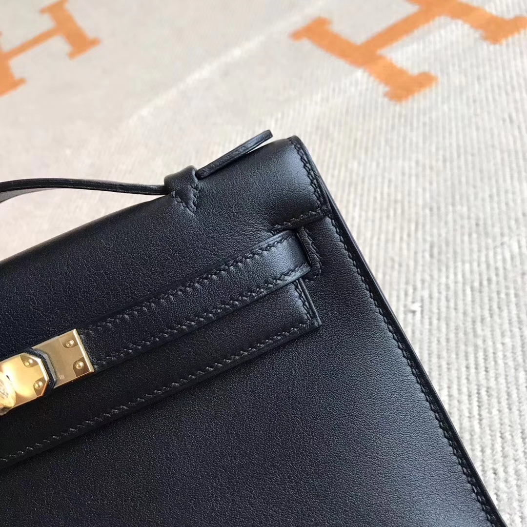 Noble Hermes Minikelly Pochette22CM in CK89 Black Swift Leather Gold Hardware