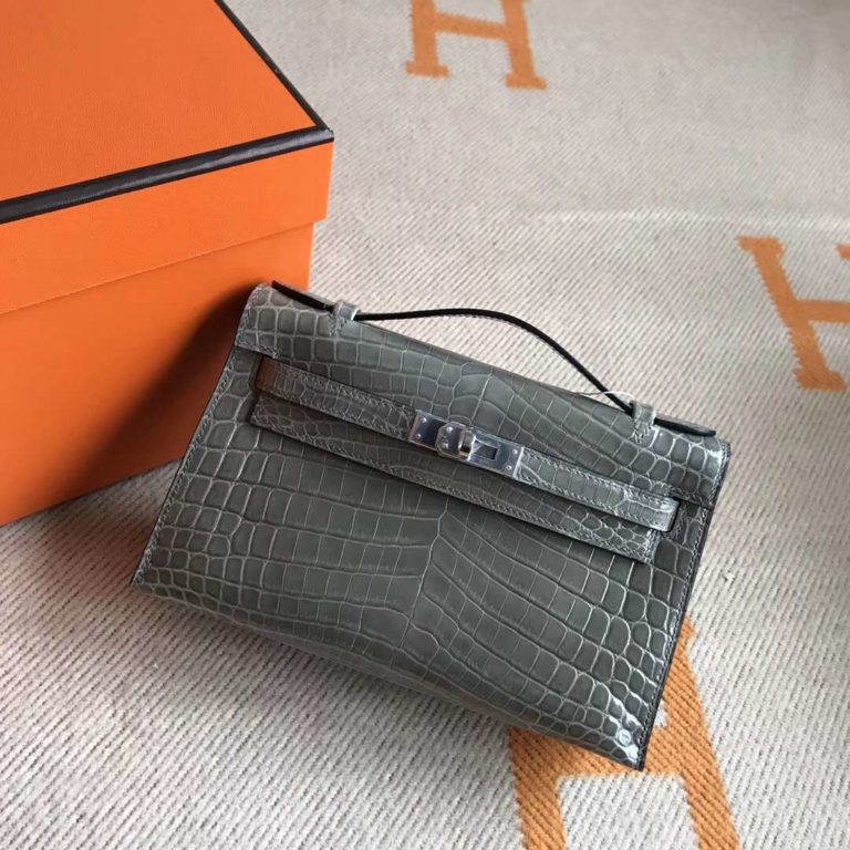 Hermes C 18 Gris Tourterelle Crocodile Shiny Leather Minikelly Clutch Bag 22cm