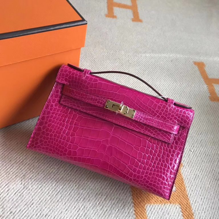 Hermes Crocodile Shiny Leather Minikelly 22CM Clutch Bag in J5 Peach Pink