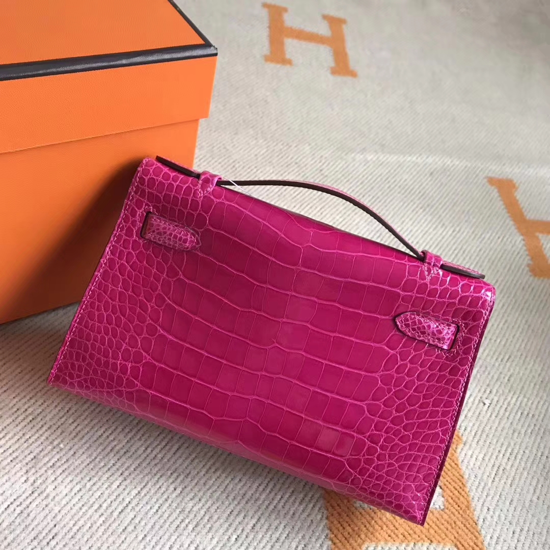 Pretty Hermes Crocodile Shiny Leather Minikelly22CM Clutch Bag in J5 Peach Pink