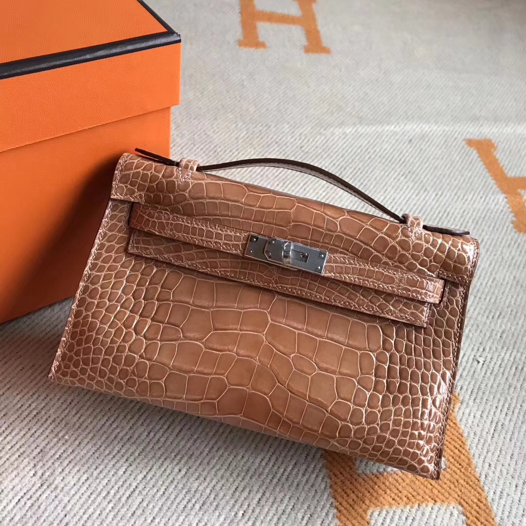 New Arrival Hermes Caramel Shiny Crocodile Leather Minikelly Clutch Bag22CM
