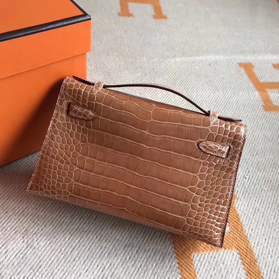 New Arrival Hermes Caramel Shiny Crocodile Leather Minikelly Clutch Bag22CM