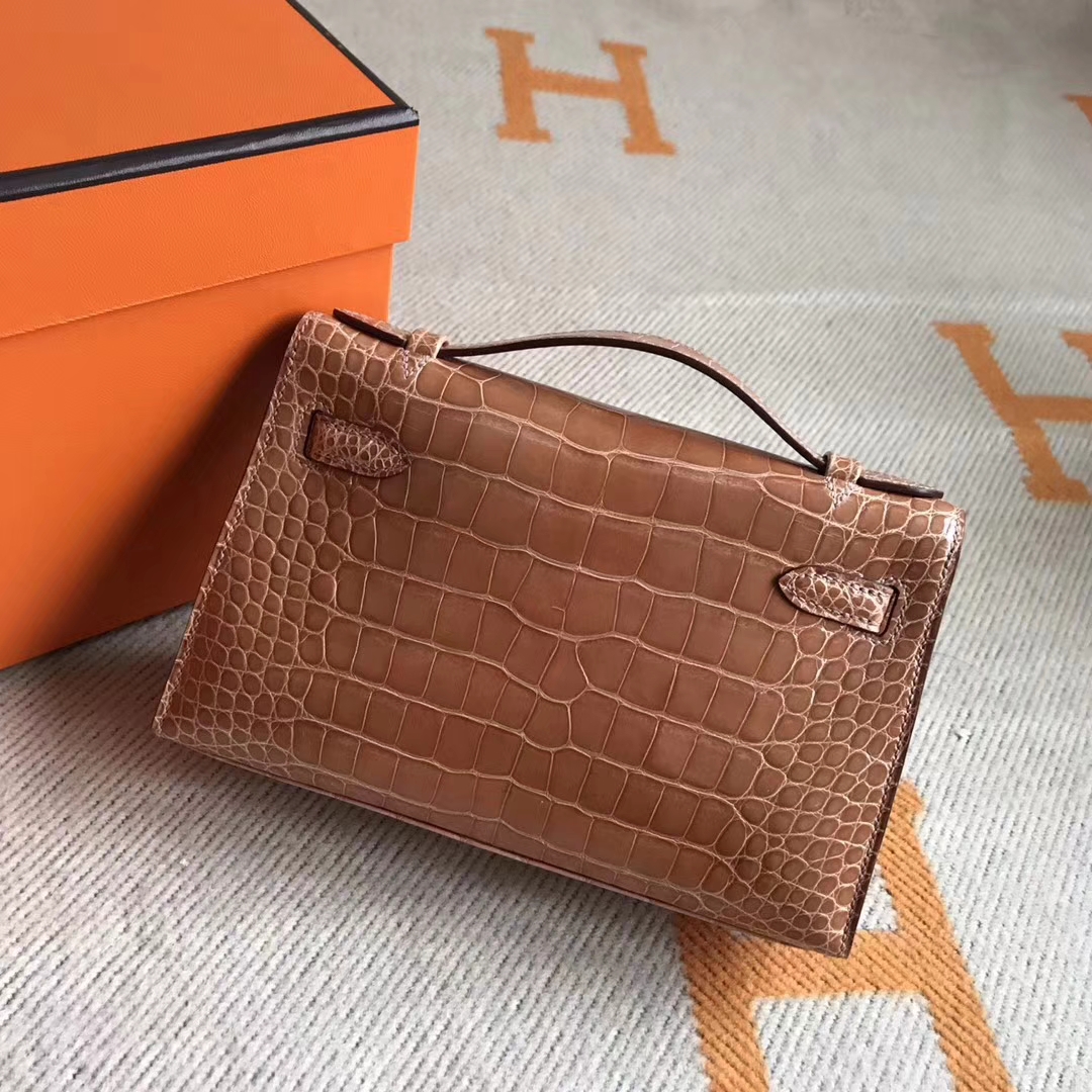 New Arrival Hermes Caramel Shiny Crocodile Leather Minikelly Clutch Bag22CM