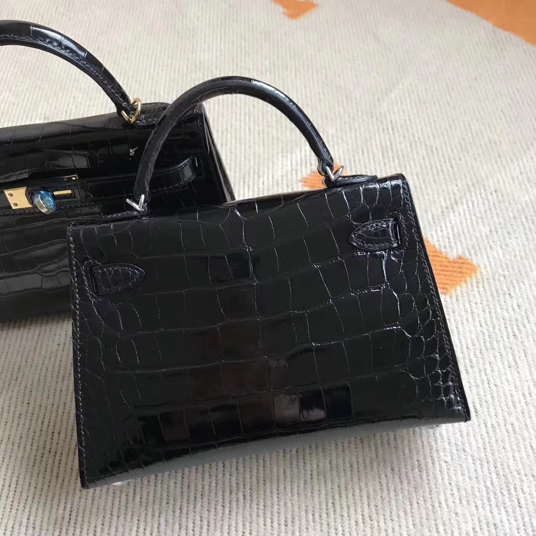 Discount Hermes Shiny Crocodile Leather Minikelly-2 Clutch Bag in CK89 Black