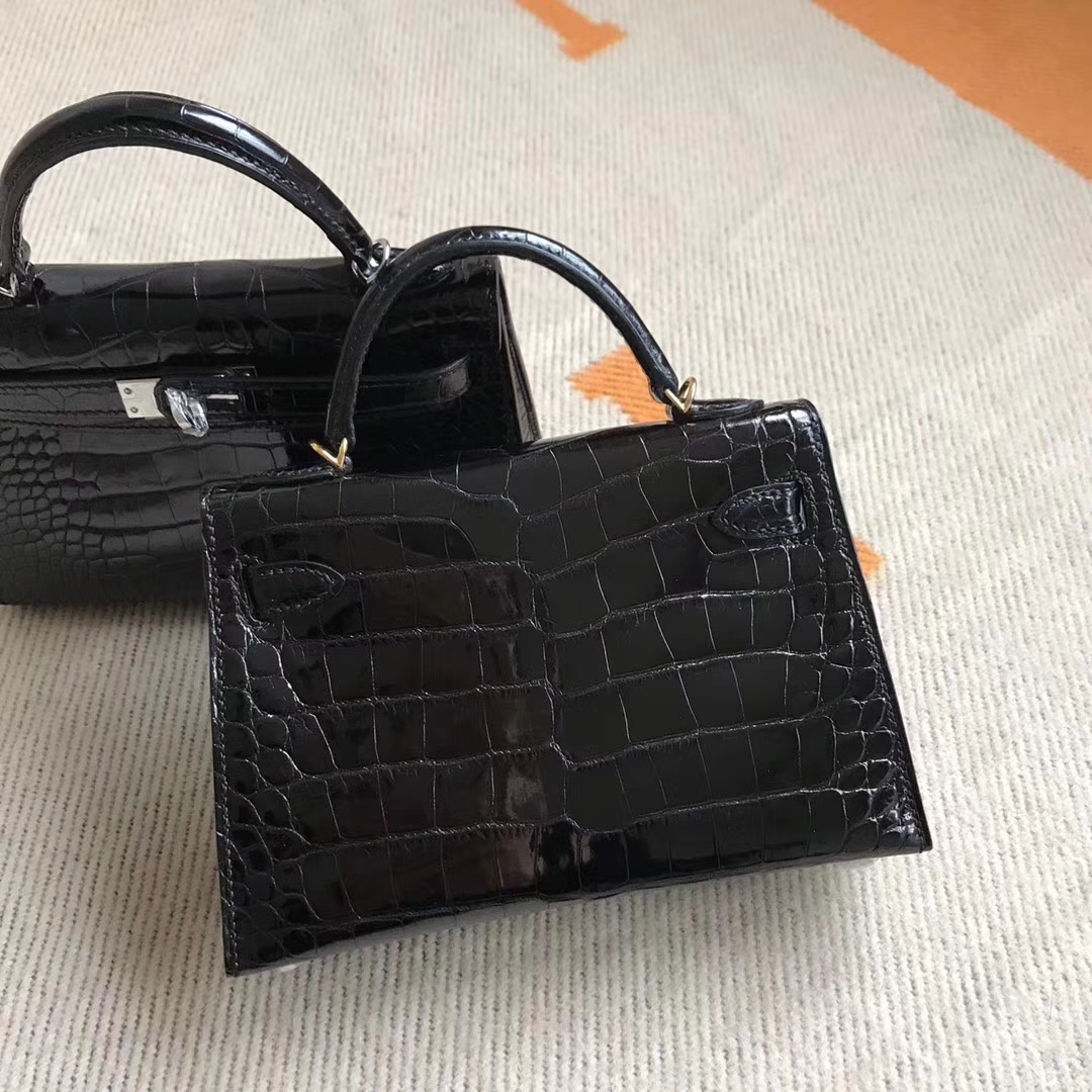 Discount Hermes Shiny Crocodile Leather Minikelly-2 Clutch Bag in CK89 Black