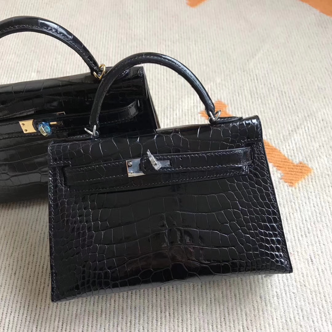 Discount Hermes Shiny Crocodile Leather Minikelly-2 Clutch Bag in CK89 Black
