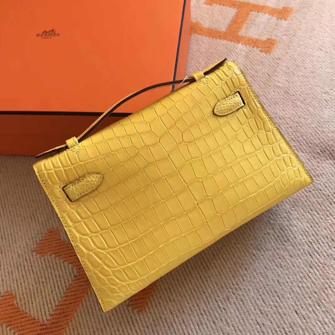 New Arrival Hermes 9R Lemon Yellow Crocodile Matt Leather Minikelly Clutch Bag22CM