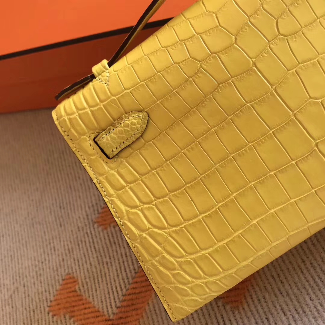 New Arrival Hermes 9R Lemon Yellow Crocodile Matt Leather Minikelly Clutch Bag22CM