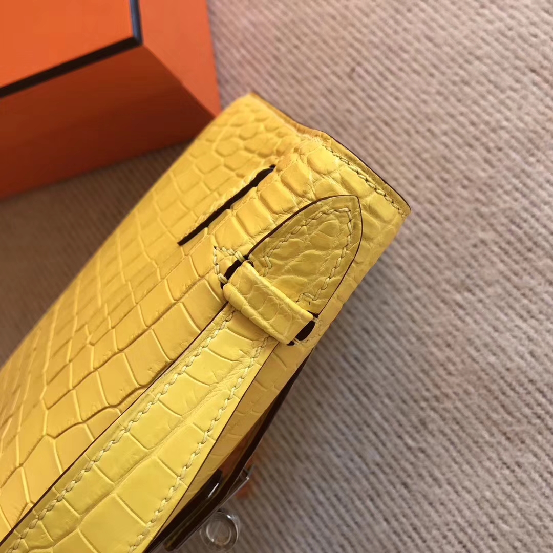 New Arrival Hermes 9R Lemon Yellow Crocodile Matt Leather Minikelly Clutch Bag22CM