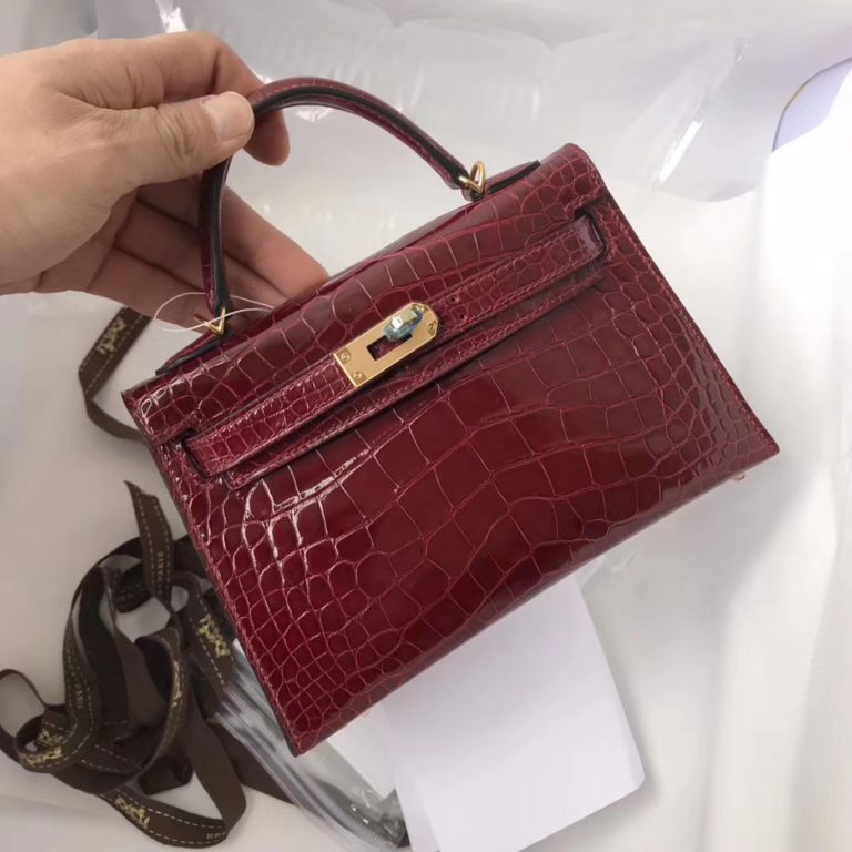 Hermes F5 Bourgogne Red Shiny Crocodile Leather Minikelly-2 Clutch Bag