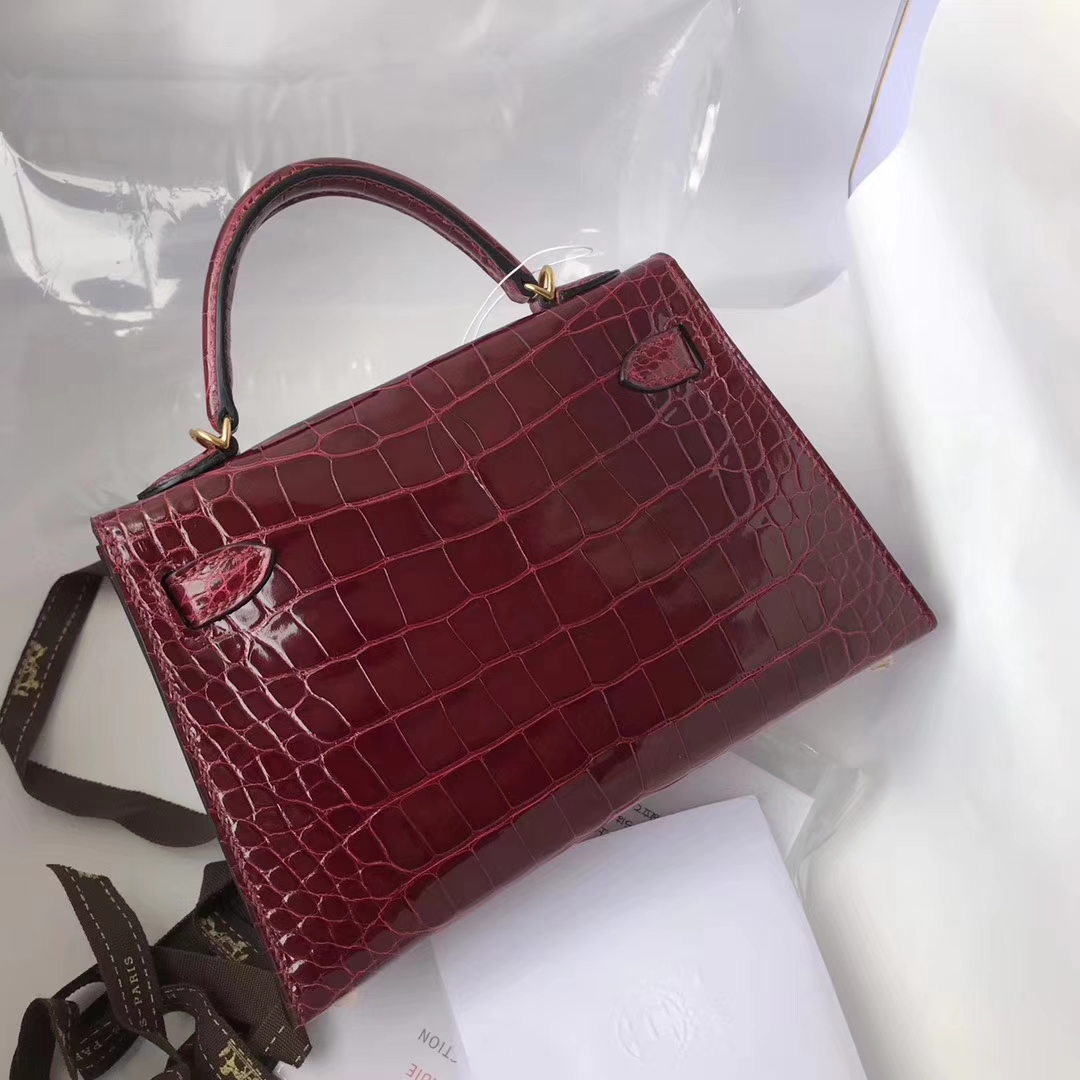 Elegant Hermes F5 Bourgogne Red Shiny Crocodile Leather Minikelly-2 Clutch Bag