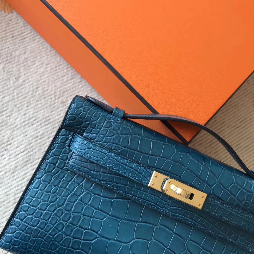 New Arrival Hermes 7F Blue Paon Matt Crocodile Leather Minikelly Clutch Bag22CM