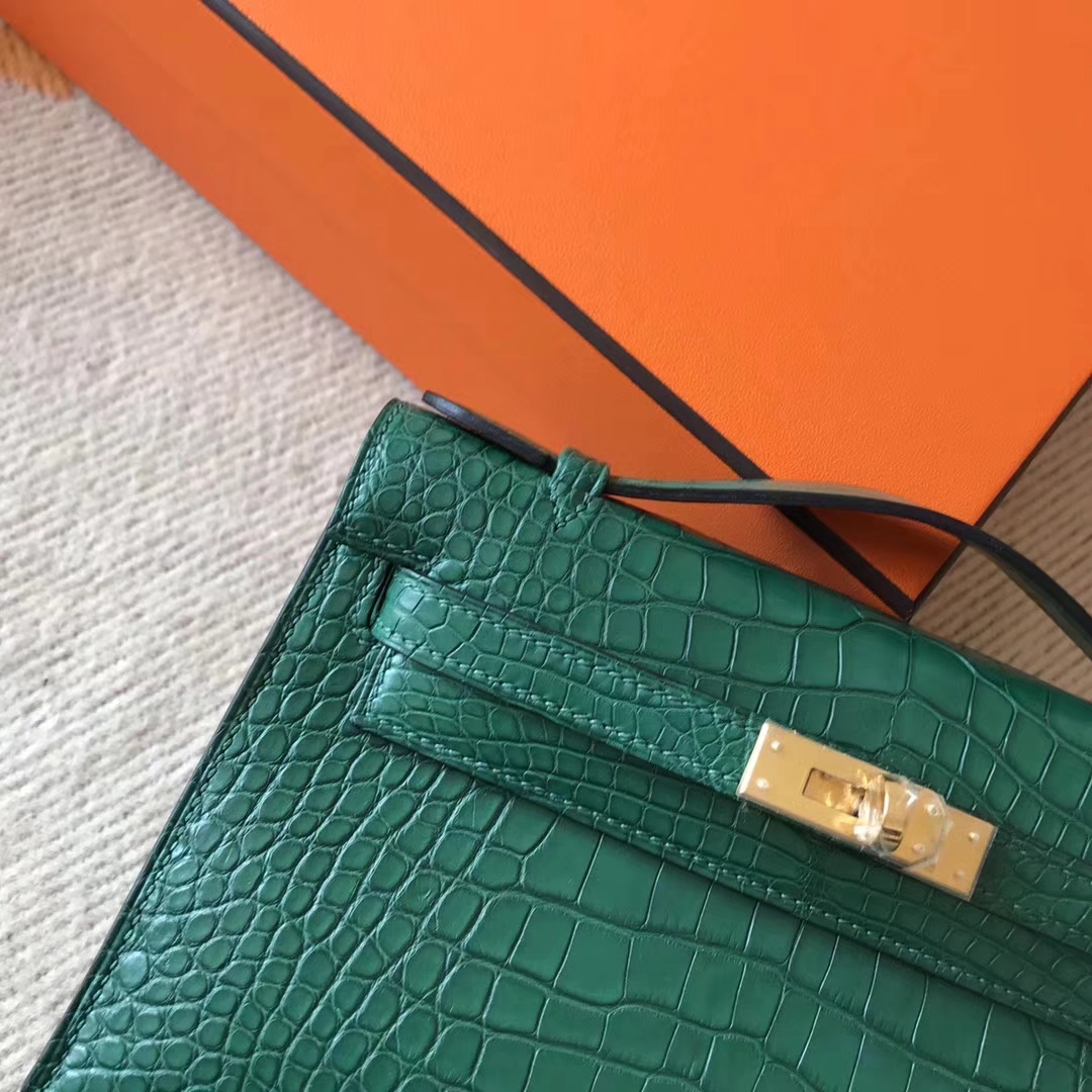 Discount Hermes Emerald Green Matt Crocodile Leather Minikelly Clutch Bag22cm