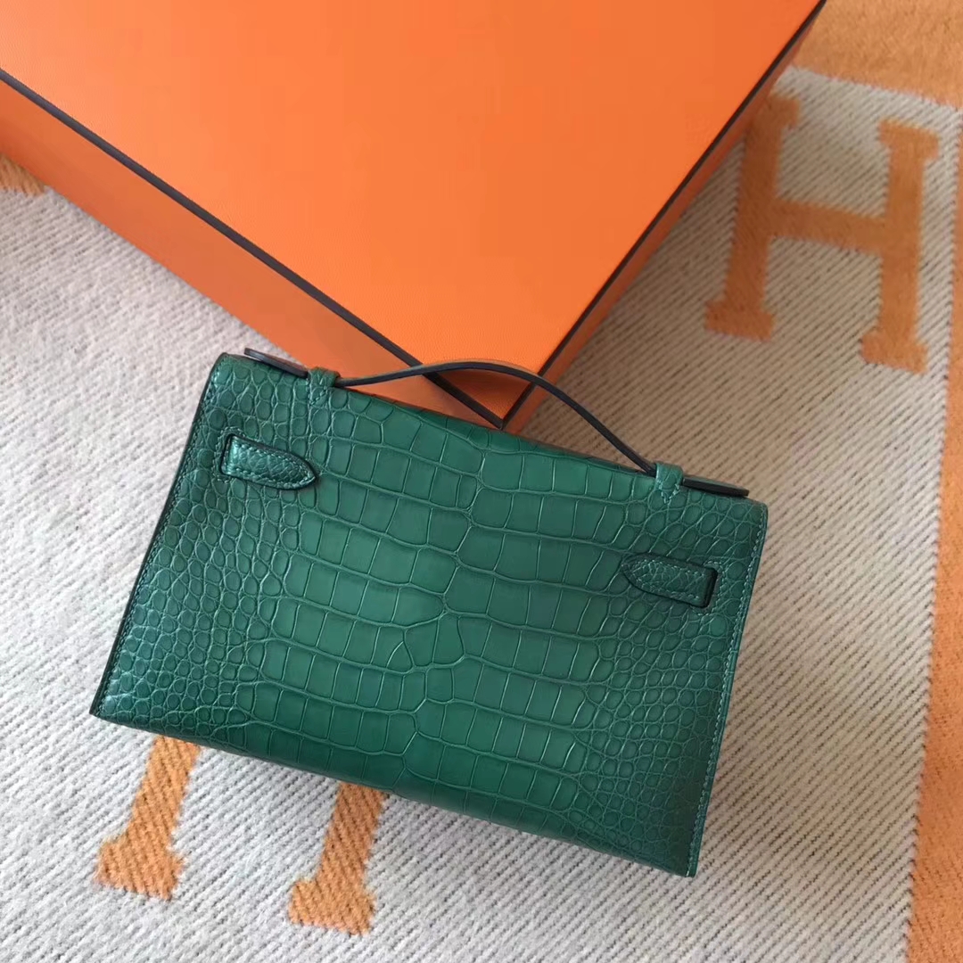 Discount Hermes Emerald Green Matt Crocodile Leather Minikelly Clutch Bag22cm