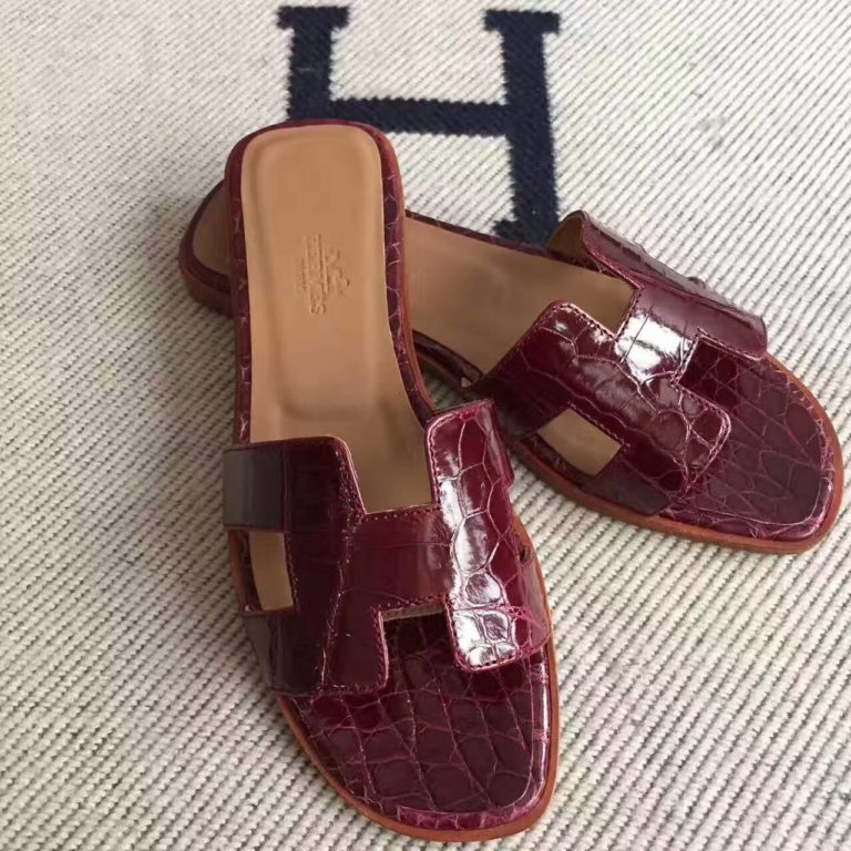 Hand Stitching Hermes Crocodile Leather Sandals Shoes in CK57 Bordeaux Size36