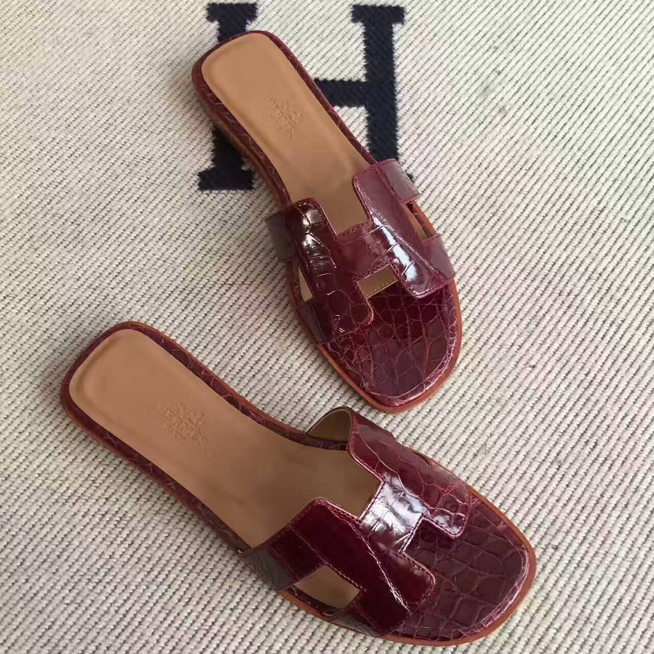 Hand Stitching Hermes Crocodile Leather Sandals Shoes in CK57 Bordeaux Size36