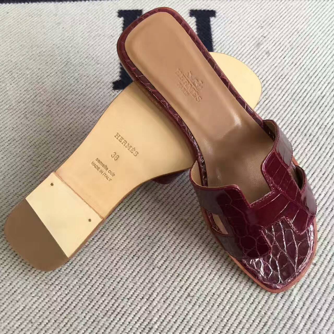 Hand Stitching Hermes Crocodile Leather Sandals Shoes in CK57 Bordeaux Size36