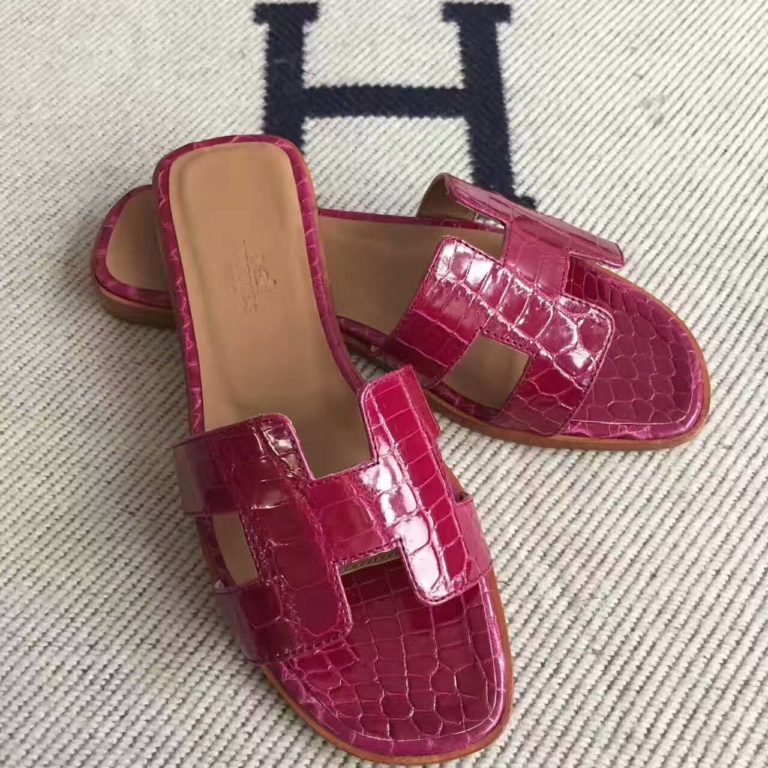 Hermes Sandals Shoes in N5 Fuchsia Crocodile Leather Size 35#