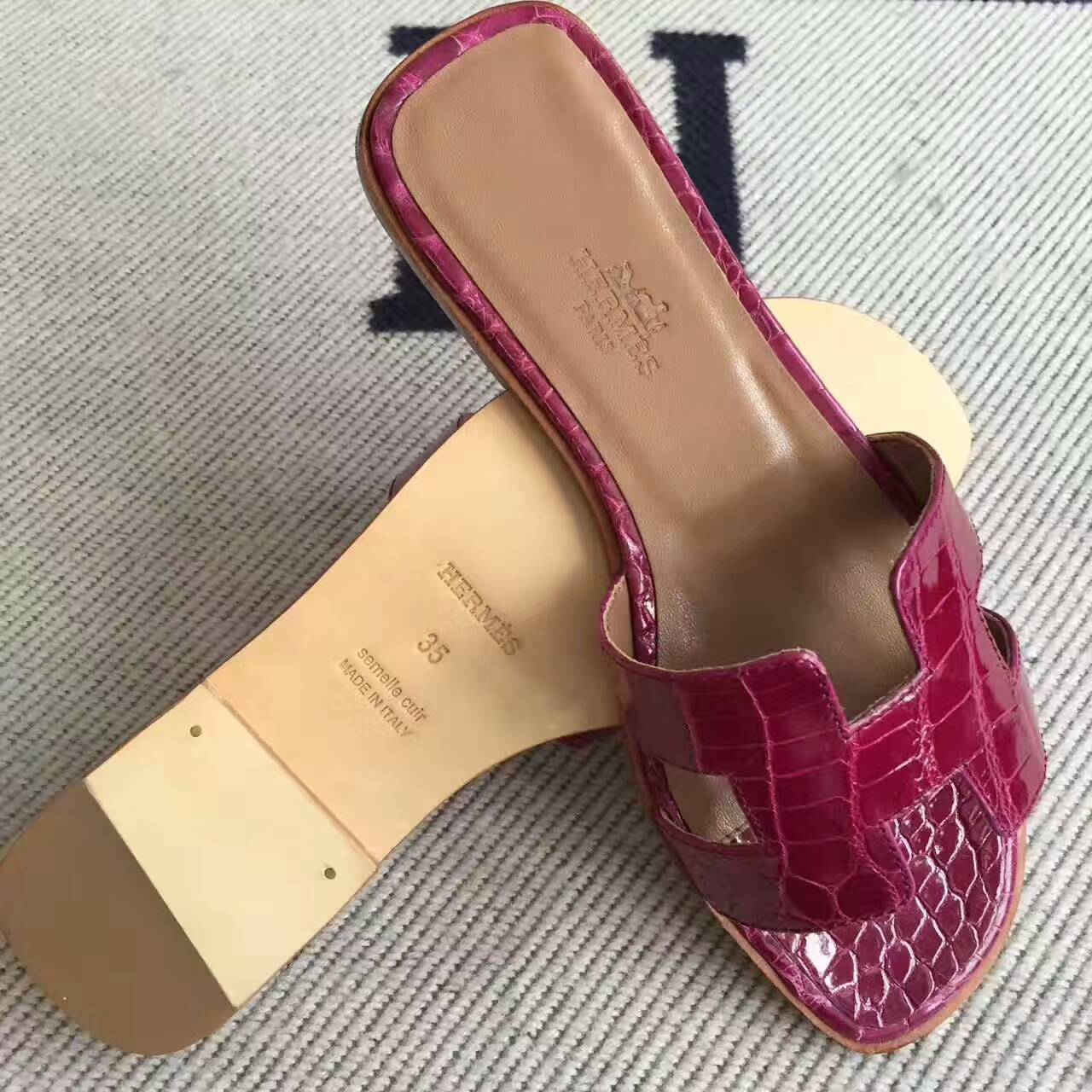 New Arrival Hermes Sandals Shoes in N5 Fuchsia Crocodile Leather Size35#