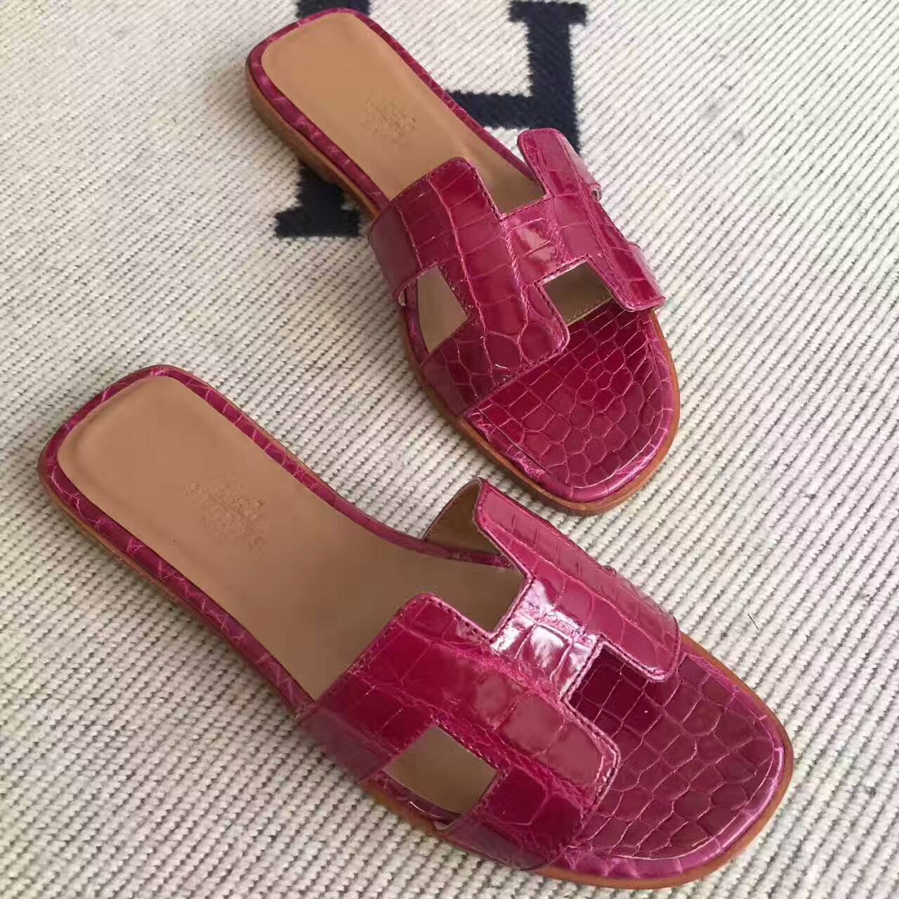 New Arrival Hermes Sandals Shoes in N5 Fuchsia Crocodile Leather Size35#