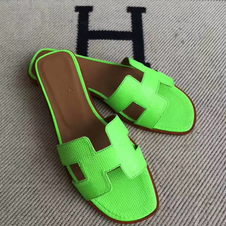 Hermes 6R Kiwi Green Lizard Skin Sandals Shoes Size 35-42