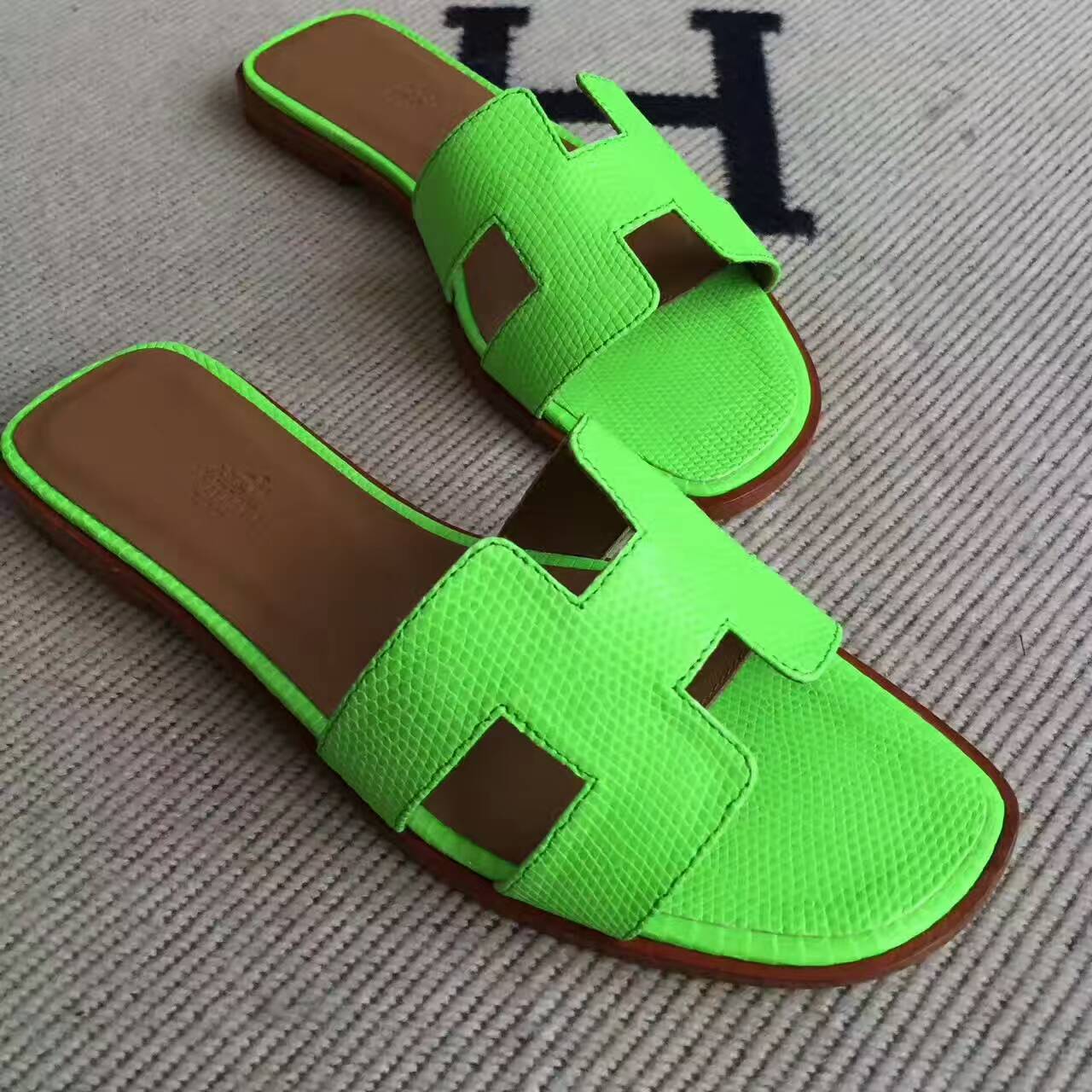 Elegant Hermes 6R Kiwi Green Lizard Skin Sandals Shoes Size35-42