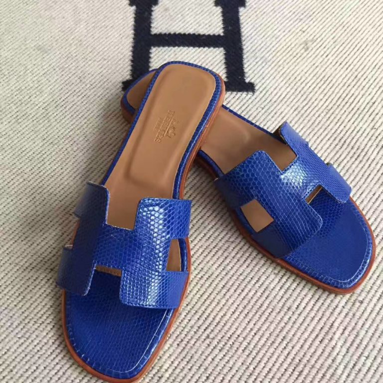 Hermes Lizard Skin Sandals Shoes in 7T Blue Electric Size 35-42