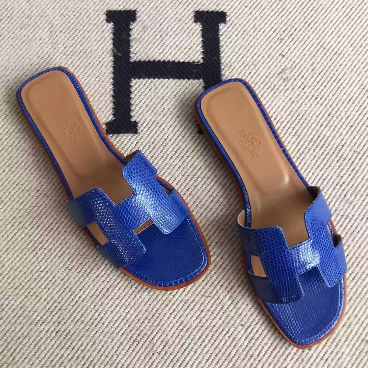 Discount Hermes Lizard Skin Sandals Shoes in 7T Blue Electric Size35-42