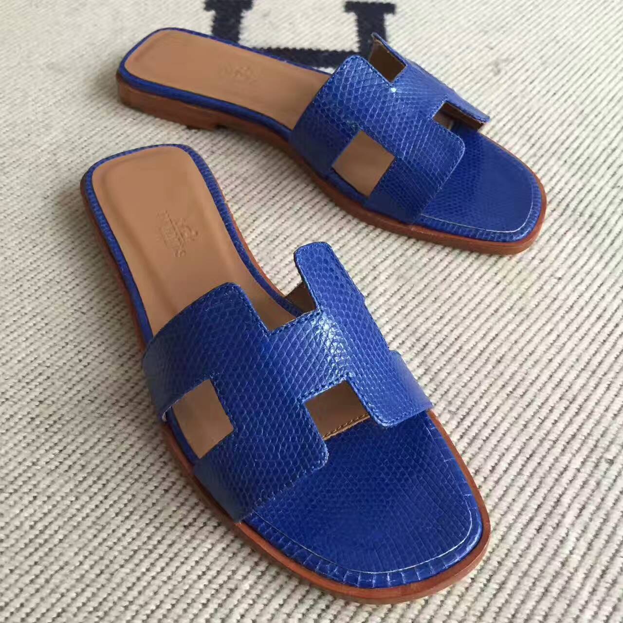 Discount Hermes Lizard Skin Sandals Shoes in 7T Blue Electric Size35-42