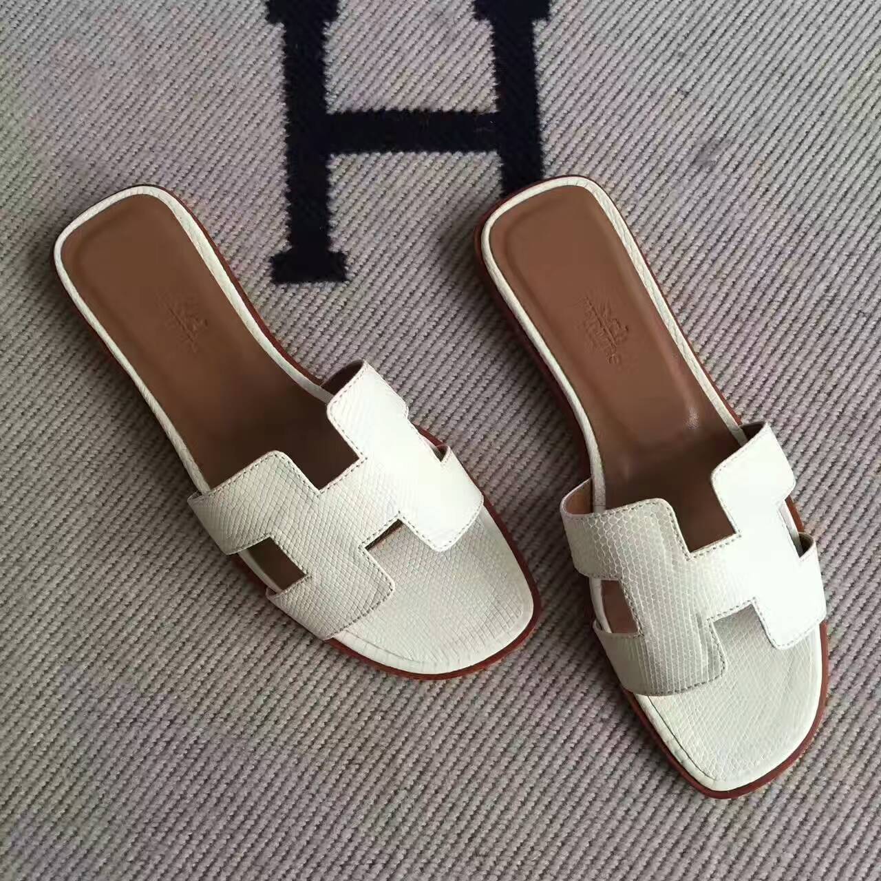 Noble Hermes White Lizard Skin Sandals Shoes Size 35-42