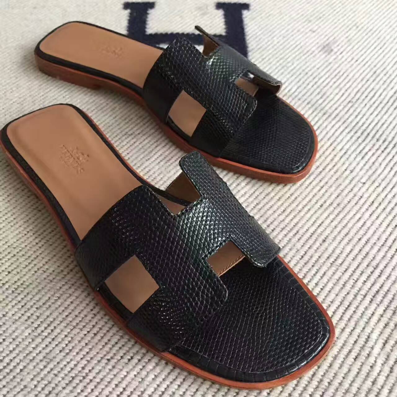 Noble Hermes Lizard Skin Leather Sandals Shoes in CK89 Black Size35-42